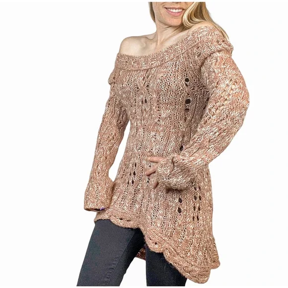 Free People Sweater Top Pink Crochet Oversized Bell Sleeve Sweater Size Small - Picture 3 of 9
